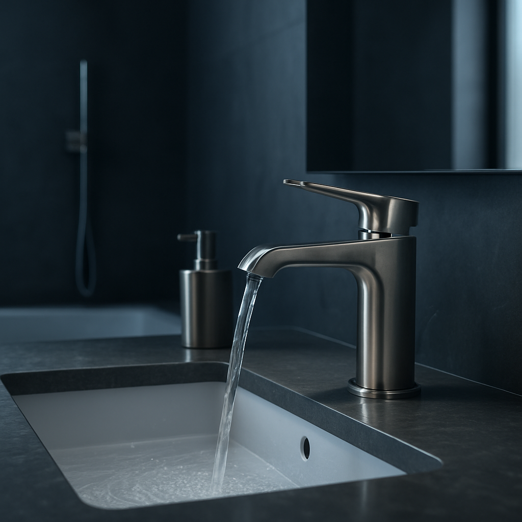 Premium Sanitärinstallation mit moderner Armatur und fliessendem Wasser